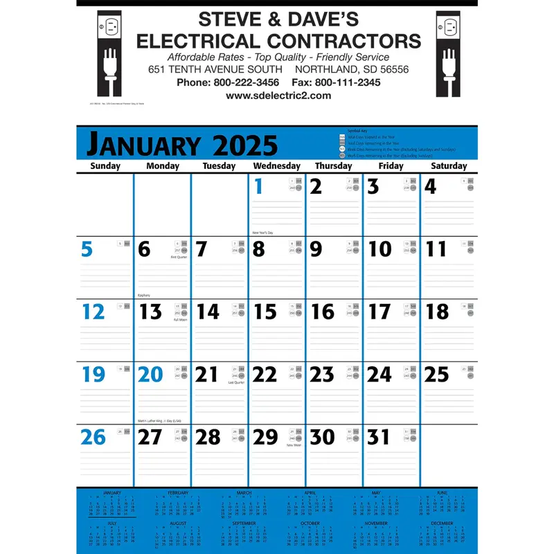 Commercial Planner Wall Calendar: Blue & Black 2025, 1 Color Imprint