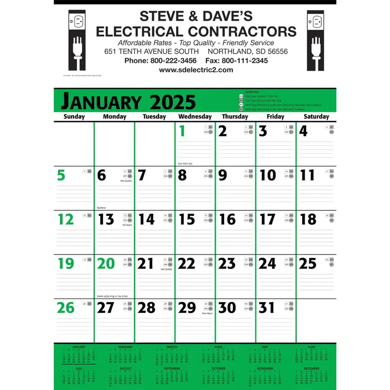 Commercial Planner Wall Calendar: Green & Black 2025, 1 Color Imprint