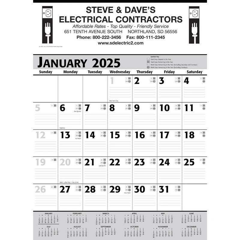 Commercial Planner Wall Calendar: Grey & Black 2025, 1 Color Imprint