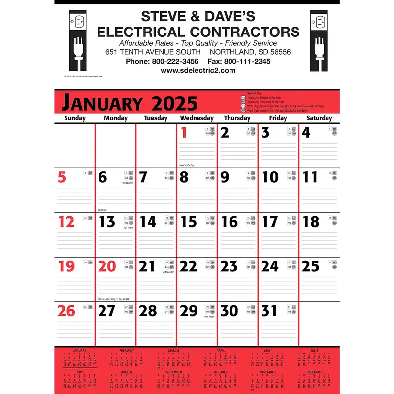 Commercial Planner Wall Calendar: Red & Black 2025, 1 Color Imprint