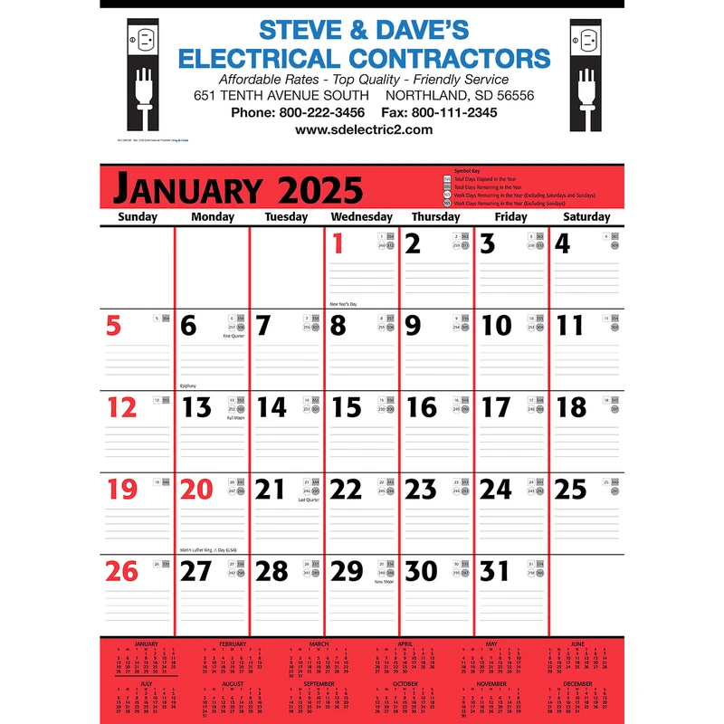 Commercial Planner Wall Calendar: Red & Black 2025, 2+ Imprint Colors