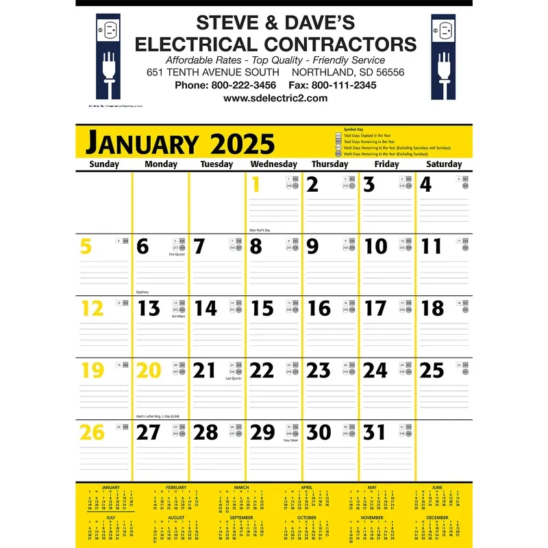 Commercial Planner Wall Calendar: Yellow & Black 2025, 2+ Imprint Colors