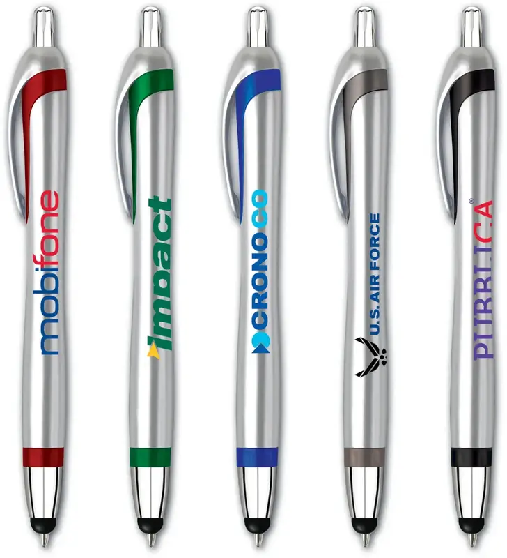 Europa Silver Barrel Pen with Stylus and Colored Accents - Imprintable Promotional Pen