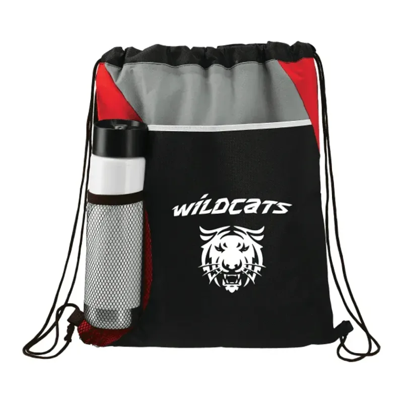 Custom Flare Drawstring Bag with Front Pocket and Water Bottle Pocket — view 10
