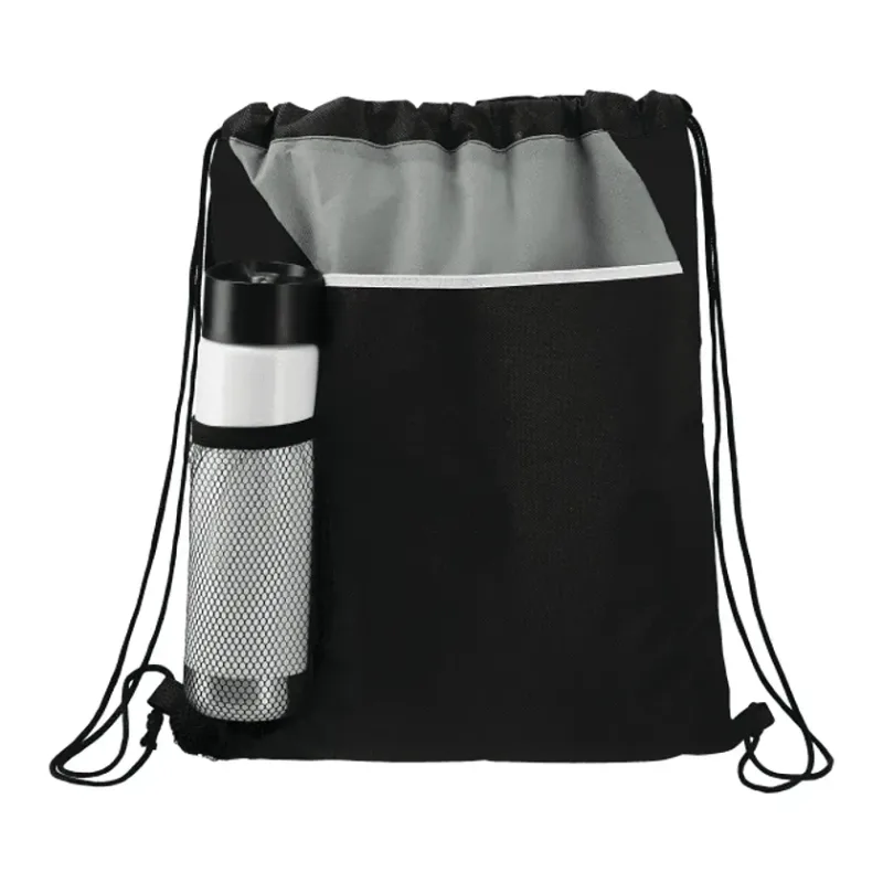 Custom Flare Drawstring Bag with Front Pocket and Water Bottle Pocket — view 3