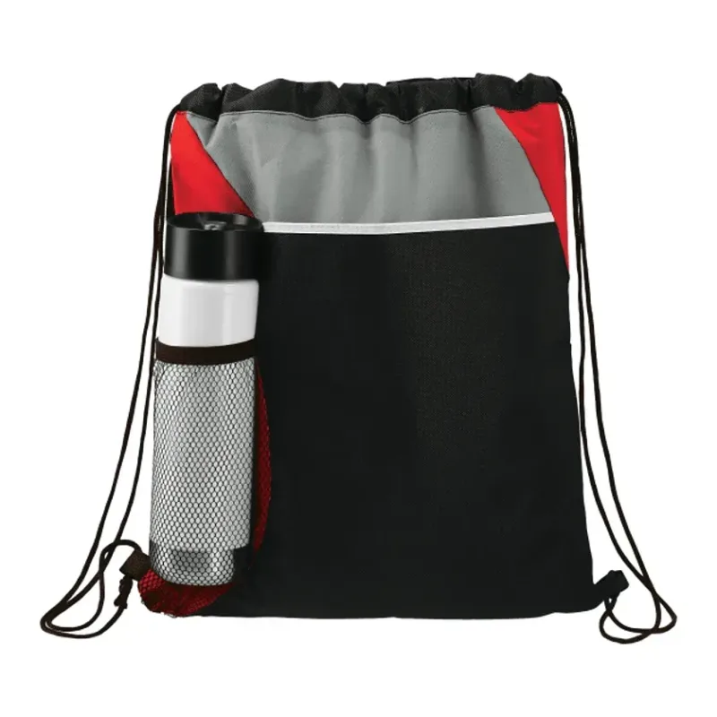 Custom Flare Drawstring Bag with Front Pocket and Water Bottle Pocket — view 8