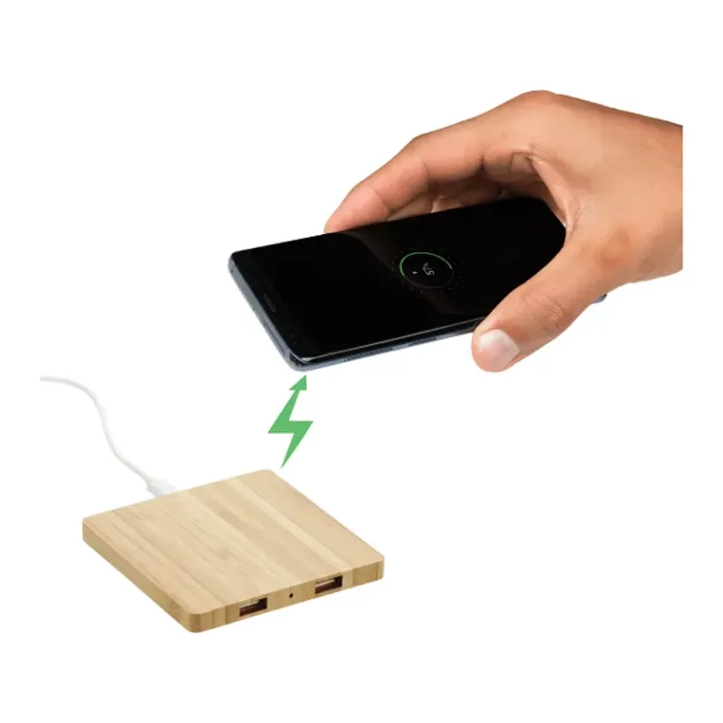 Custom Bamboo Wireless Charging Pad with Dual Outputs — view 5