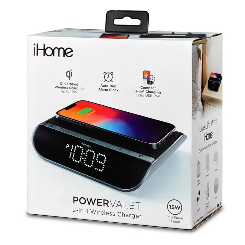 iHome Powervalet 2 In 1 Qi Wireless and Usb Charging Alarm Clock - Black — view 7
