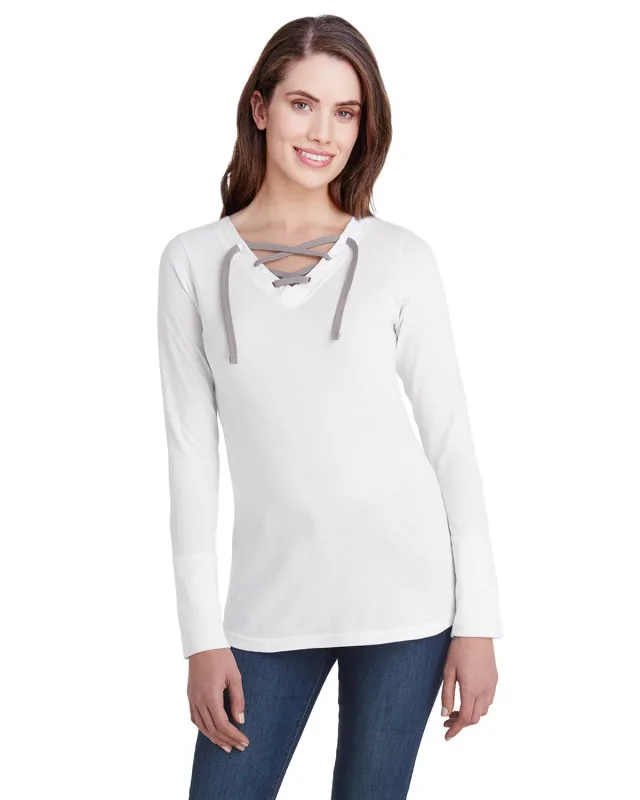 LAT Ladies' Long Sleeve Fine Jersey Lace-Up T-Shirt — view 2