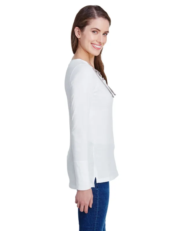 LAT Ladies' Long Sleeve Fine Jersey Lace-Up T-Shirt — view 3