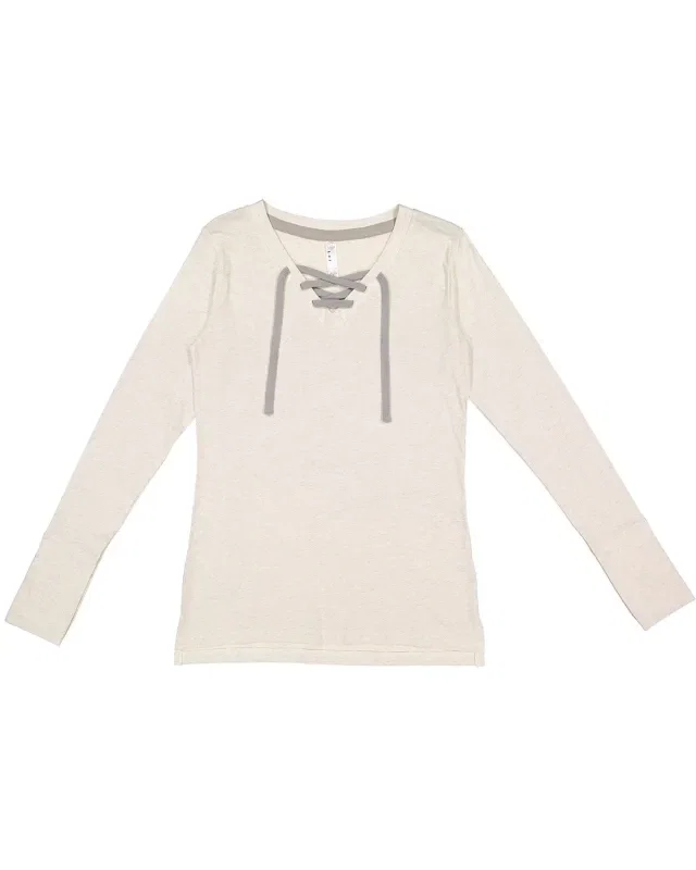 LAT Ladies' Long Sleeve Fine Jersey Lace-Up T-Shirt — view 5