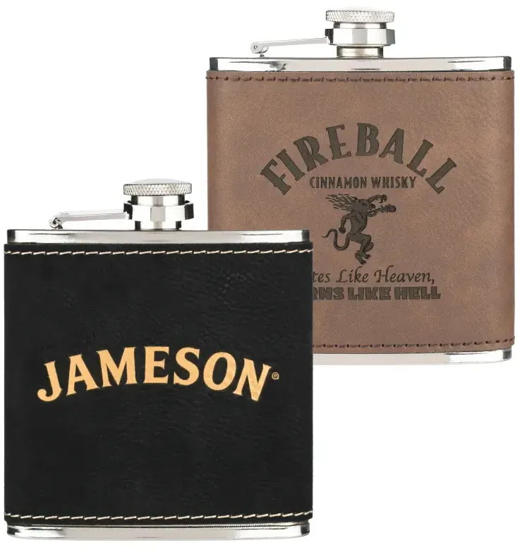 Branded Leatherette Wrapped Stainless Steel Hip Flask (6 oz)