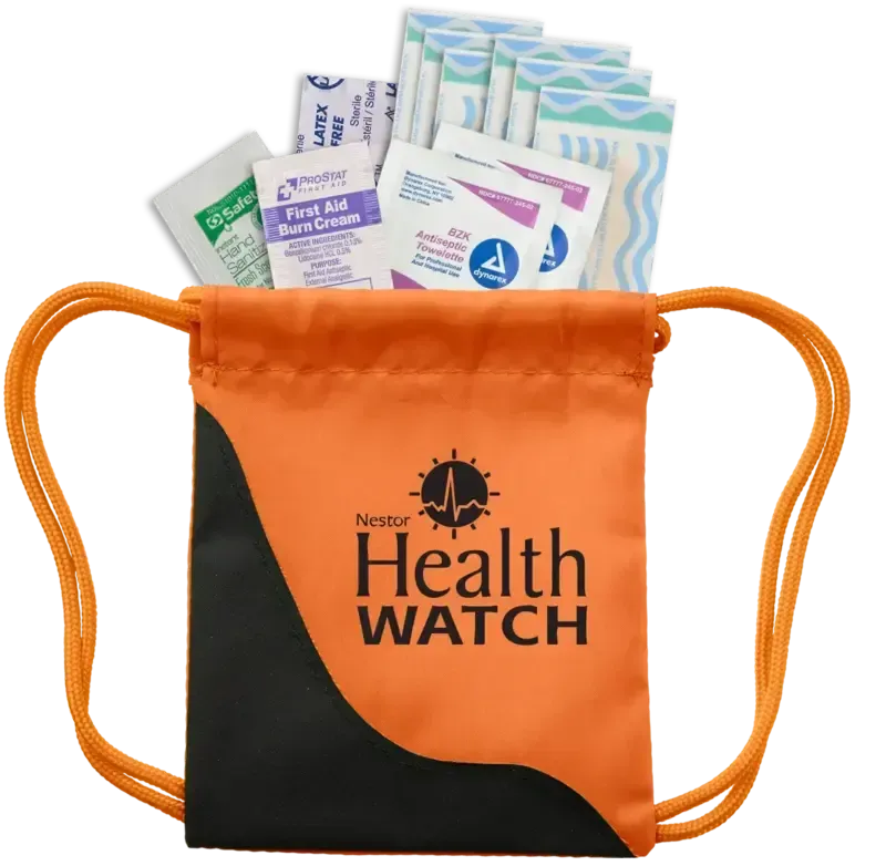 Custom Mini Sling First Aid Kit (6 Bandages, 2 Antiseptic Towelettes, Adhesive Pad, First Aid Cream, Hand Sanitizer)