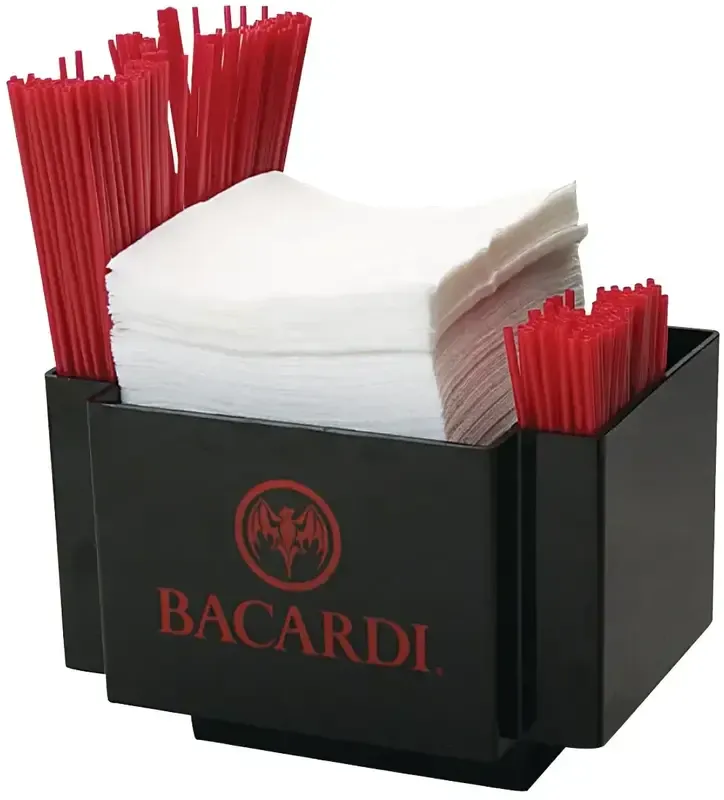 Branded Bar Top Napkin Caddy/Holder with 2 Side Straw Pockets.