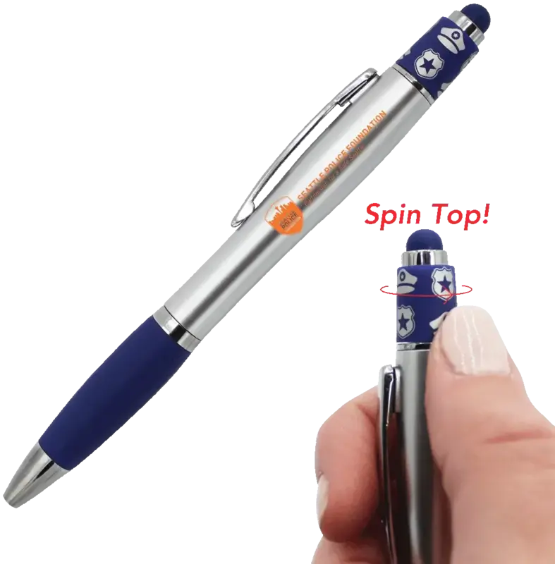 Police Spin Top Pen - Custom Branded Stylus Pen with Icon Design & Chrome Accents