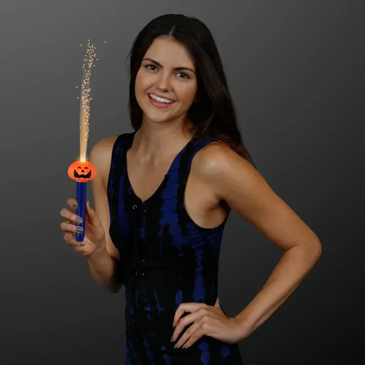 Pumpkin Face LED Wand with Flashing Fiber Optics — view 2