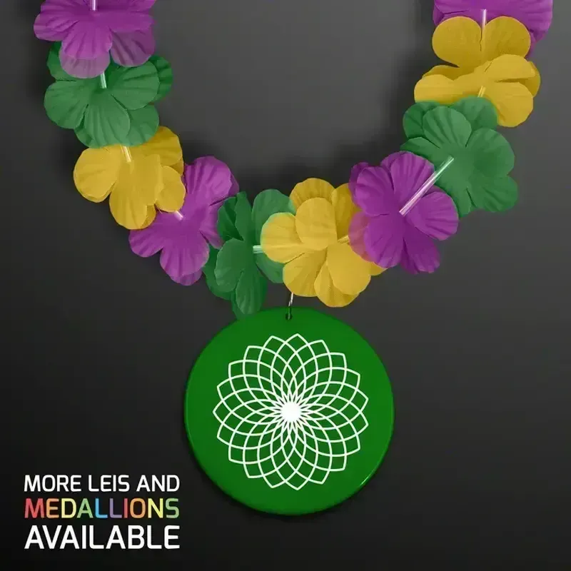 Purple, Green & Gold Flower Lei with Custom Medallion (Non-Light Up)