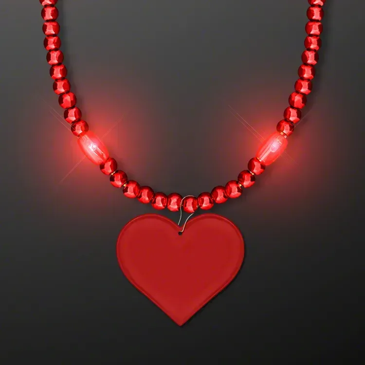 Red Light Up Mardi Gras Beads with Heart Medallion — view 2