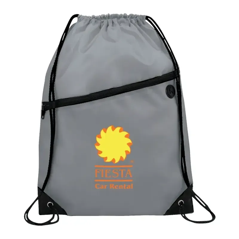 Custom Robin Drawstring Polyester Bag with Front Zipper Pocket and Earbud Port