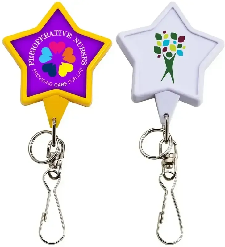 Star-Shaped Bamboo Badge Reel with Dual Attachments