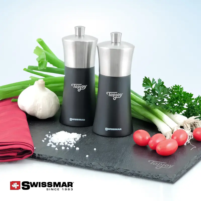 Swissmar Torre Salt & Pepper Mill Gift Set with Olive Wood Mills and Slate Serving Board (SMR1011)