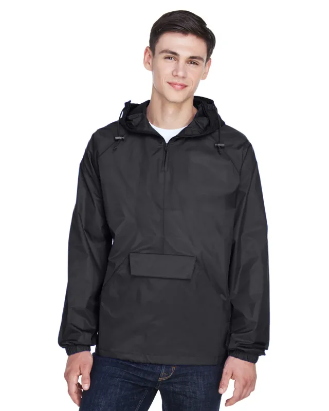 UltraClub Adult Quarter-Zip Hooded Pullover Pack-Away Jacket — view 4