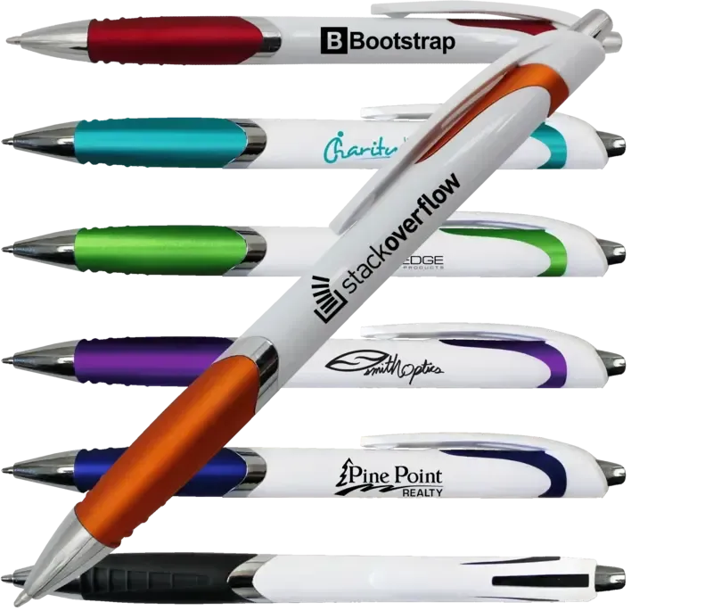 Custom-branded White Retractable Pen with Chrome Accents and Matching Thumb Grip