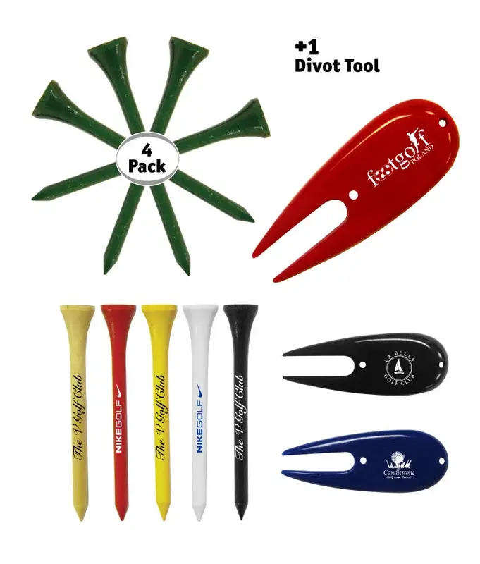 Wooden Golf Tee and Divot Repair Tool Set (4 Tees, 1 Tool)