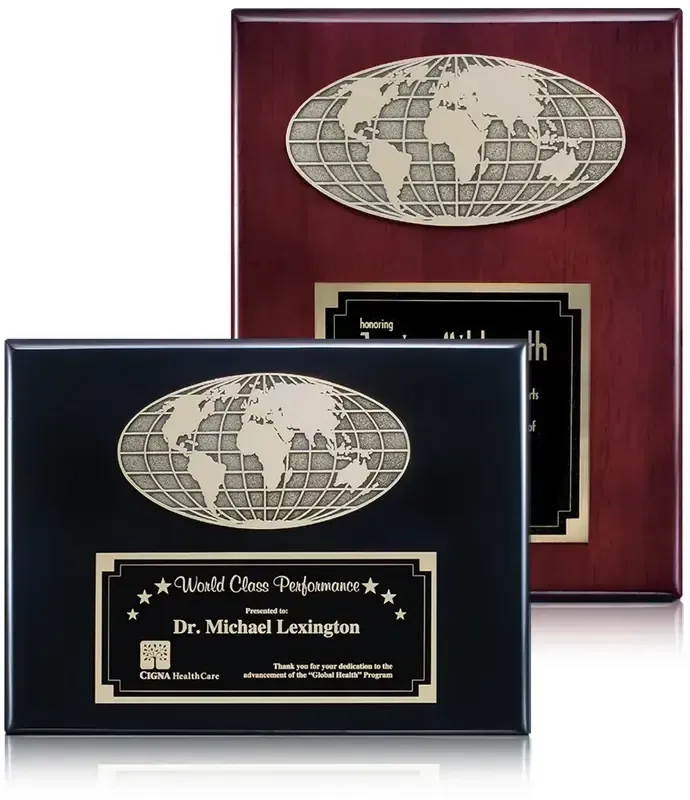 High-Gloss Piano Finish World Plaque with Antique Globe Plate - Custom Perpetual Plaque