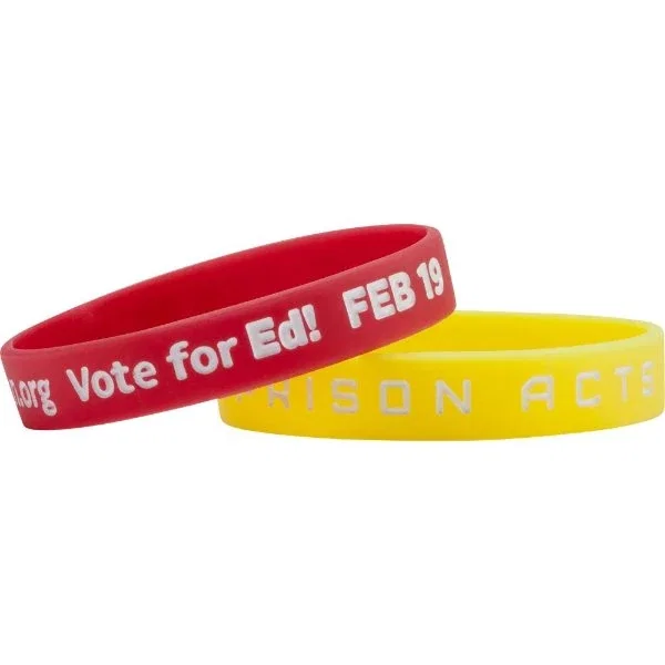 1/2 inch color-filled debossed silicone wristband with custom imprint, hero front view