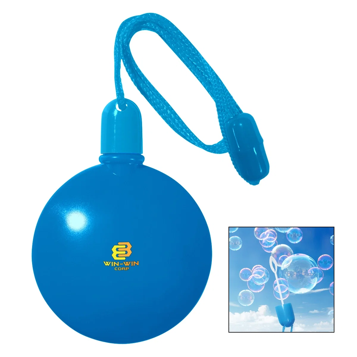 Round bubble bottle hanging from its neck cord