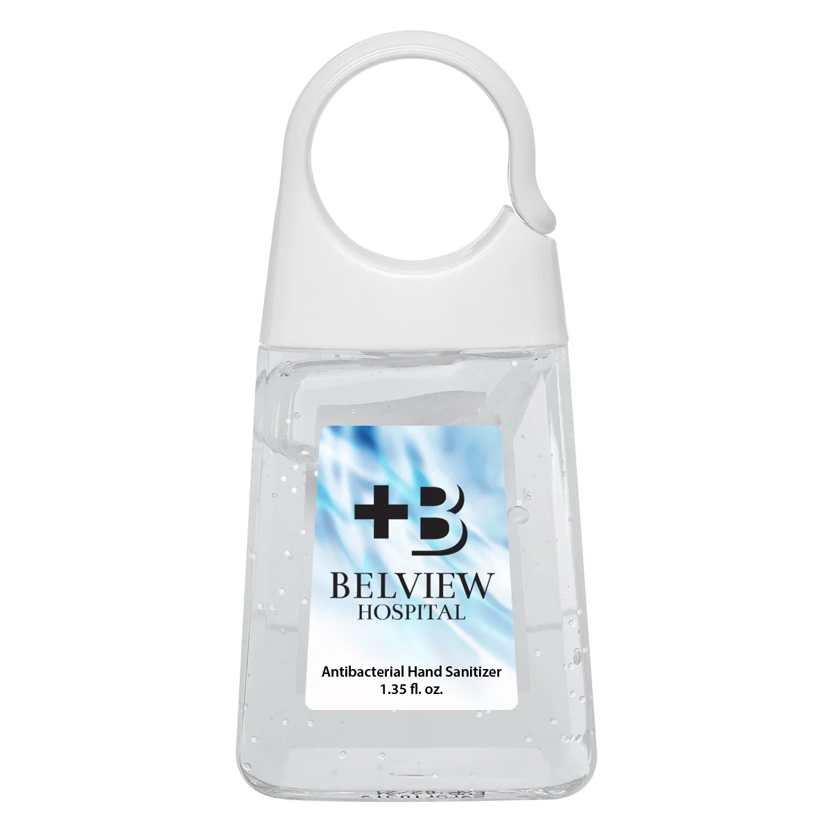 Clear hand sanitizer bottle holding suspended colored moisture beads