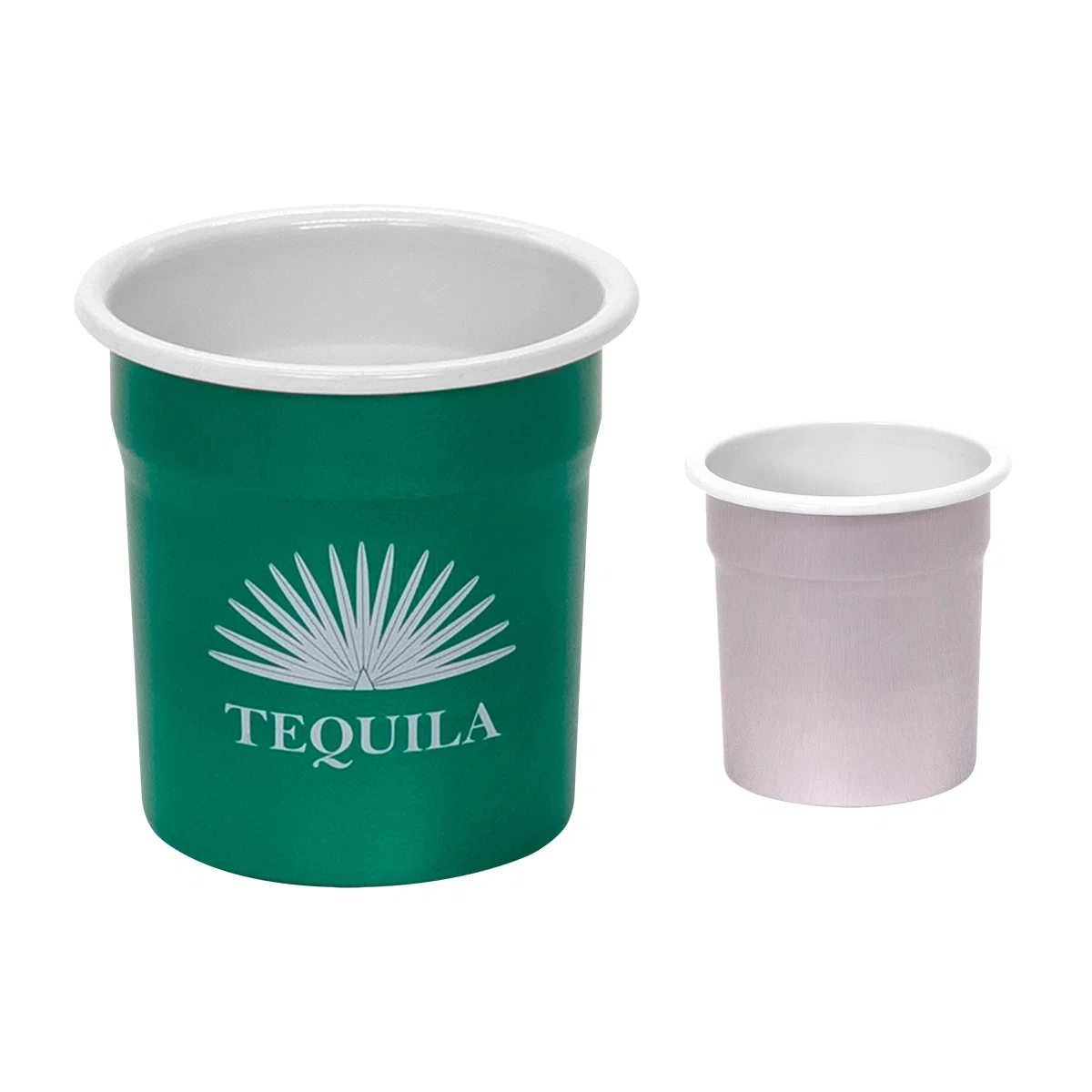 Metallic gray aluminum shot cup holding 1.5 ounces