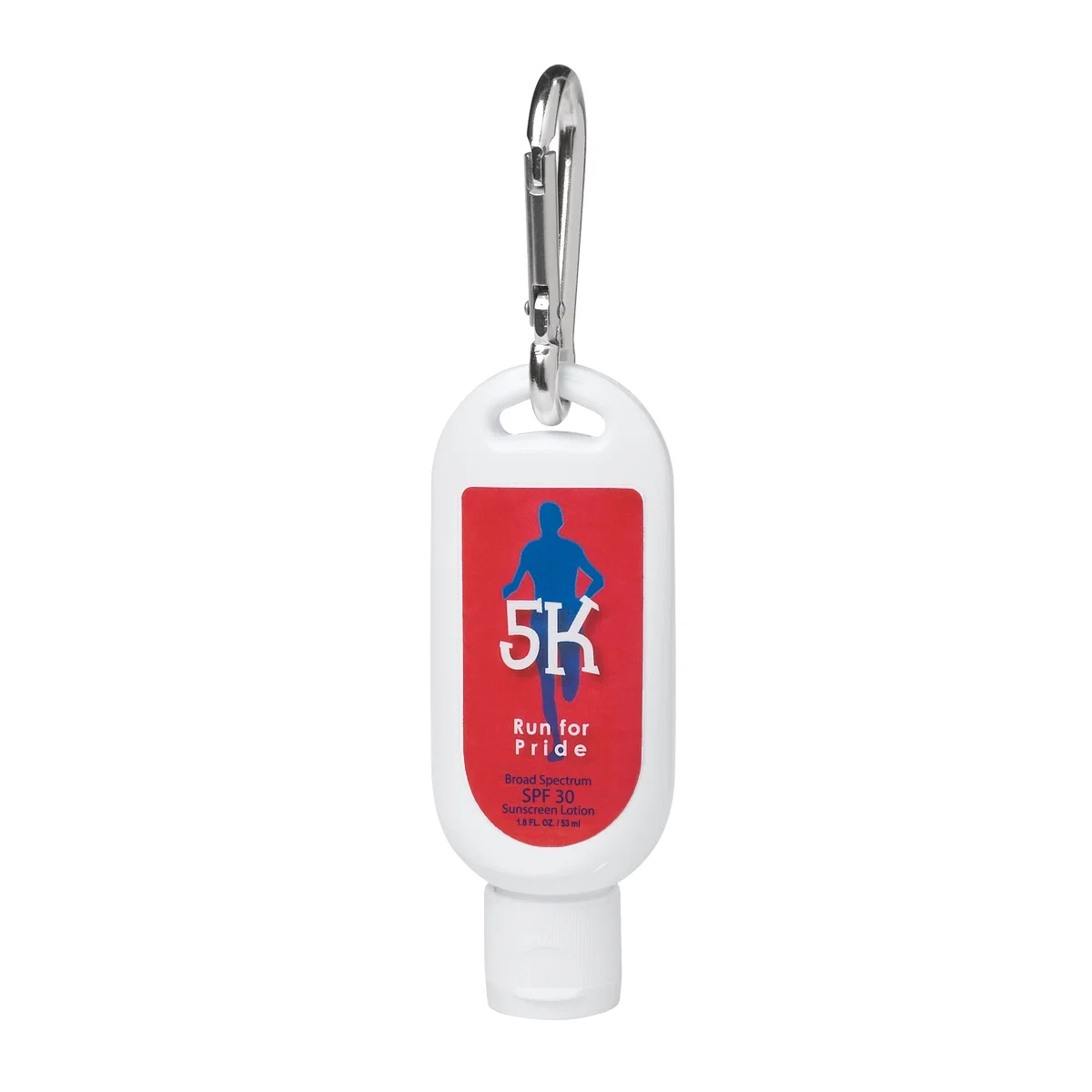 SPF sunscreen bottle with carabiner in the larger 1.8 ounce size