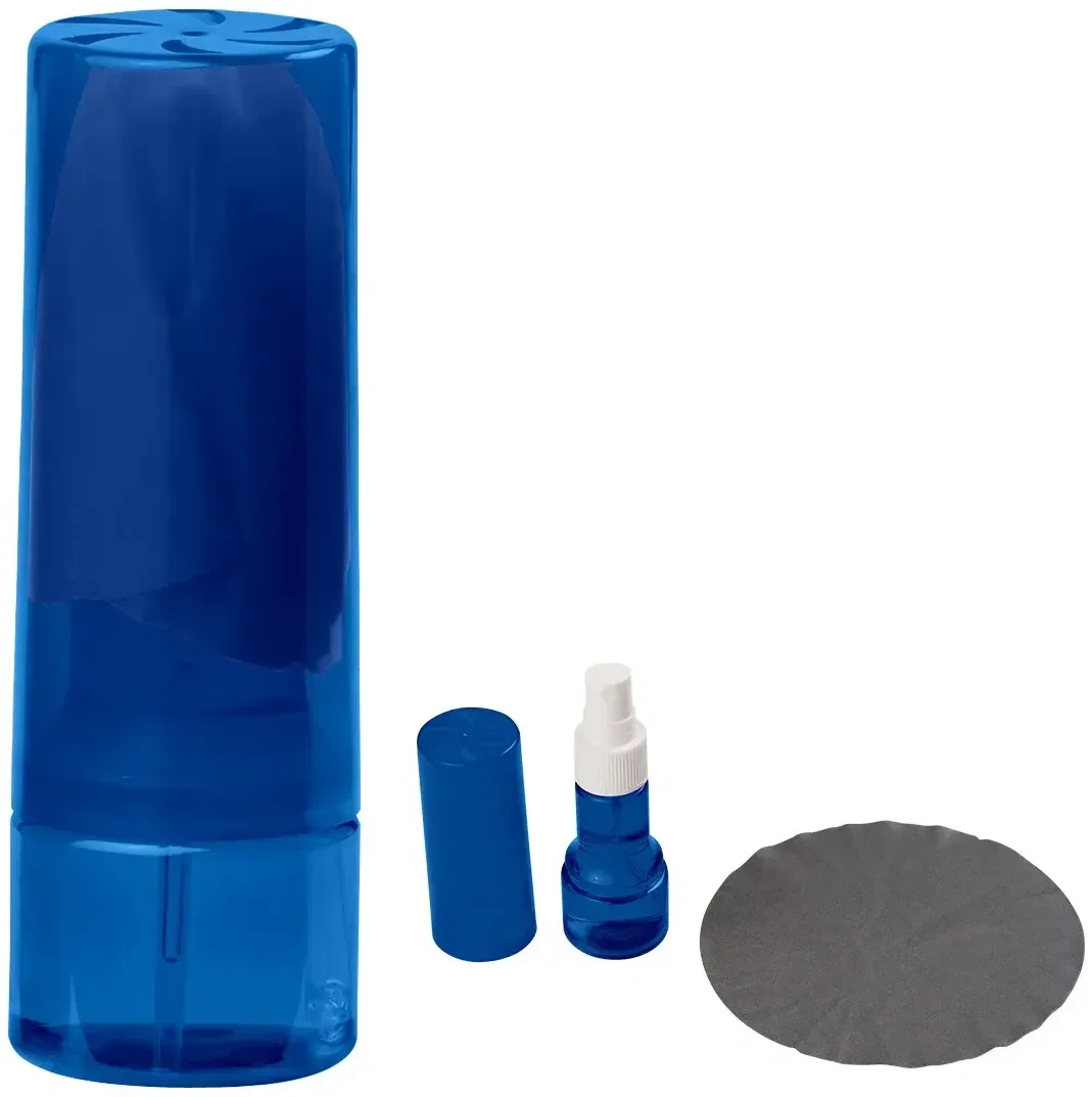 Compact spray bottle standing beside its folded cleaning cloth