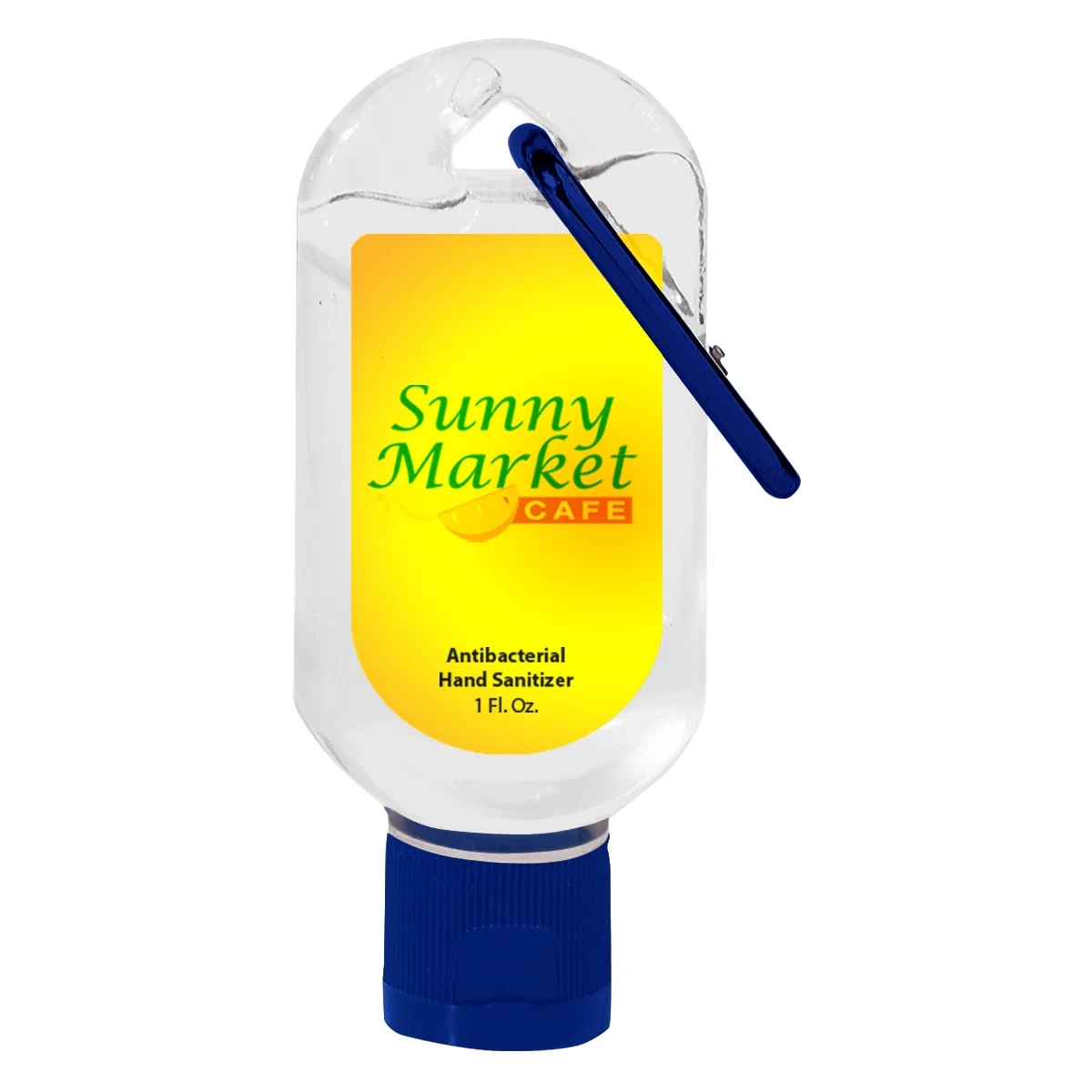 Clear sanitizer bottle with a carabiner clipped through the cap