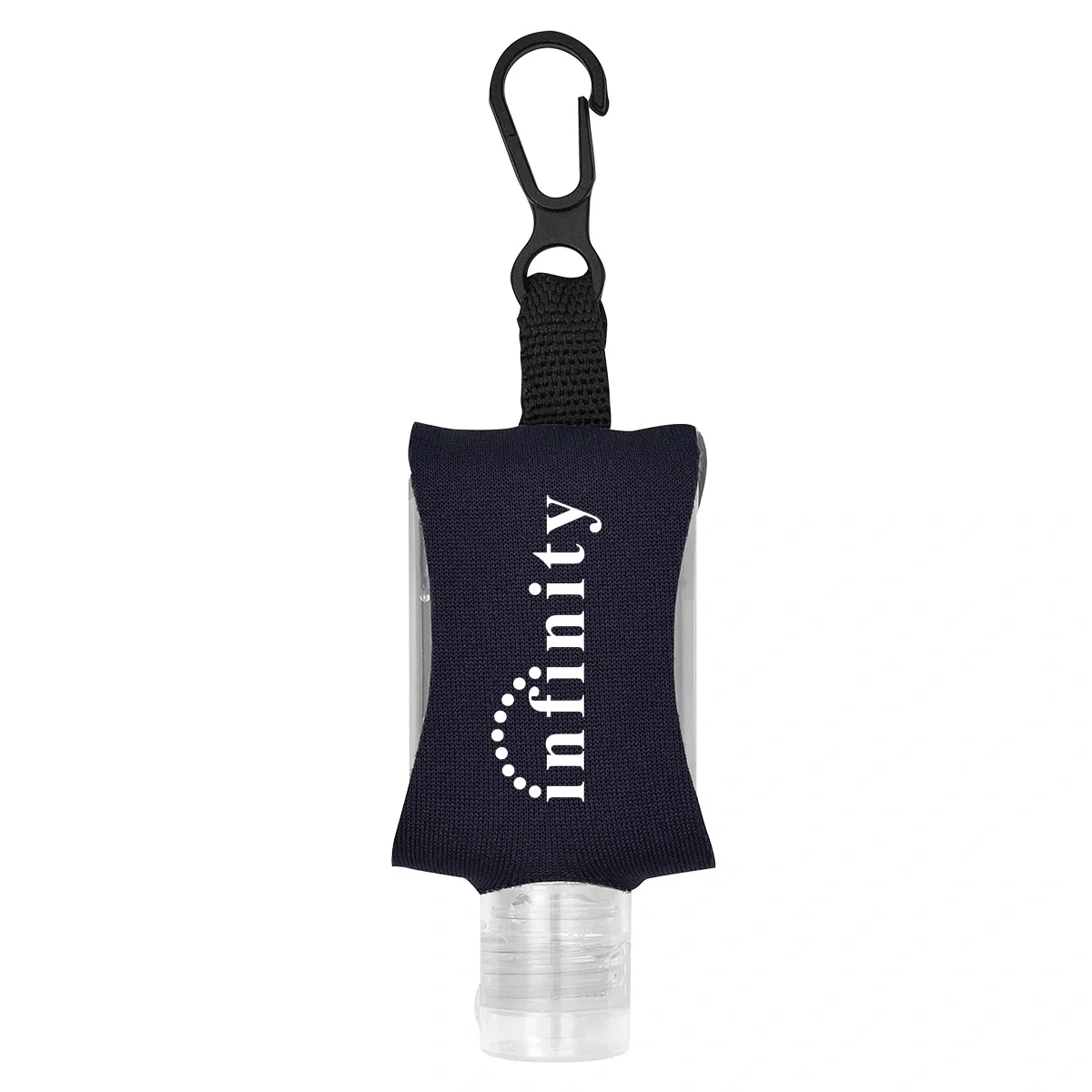 Hand sanitizer bottle tucked inside a zippered case with clip
