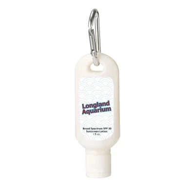 Sunscreen bottle with a clip-on carabiner attached at the cap