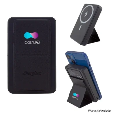 Black magnetic power bank that doubles as a wireless phone stand