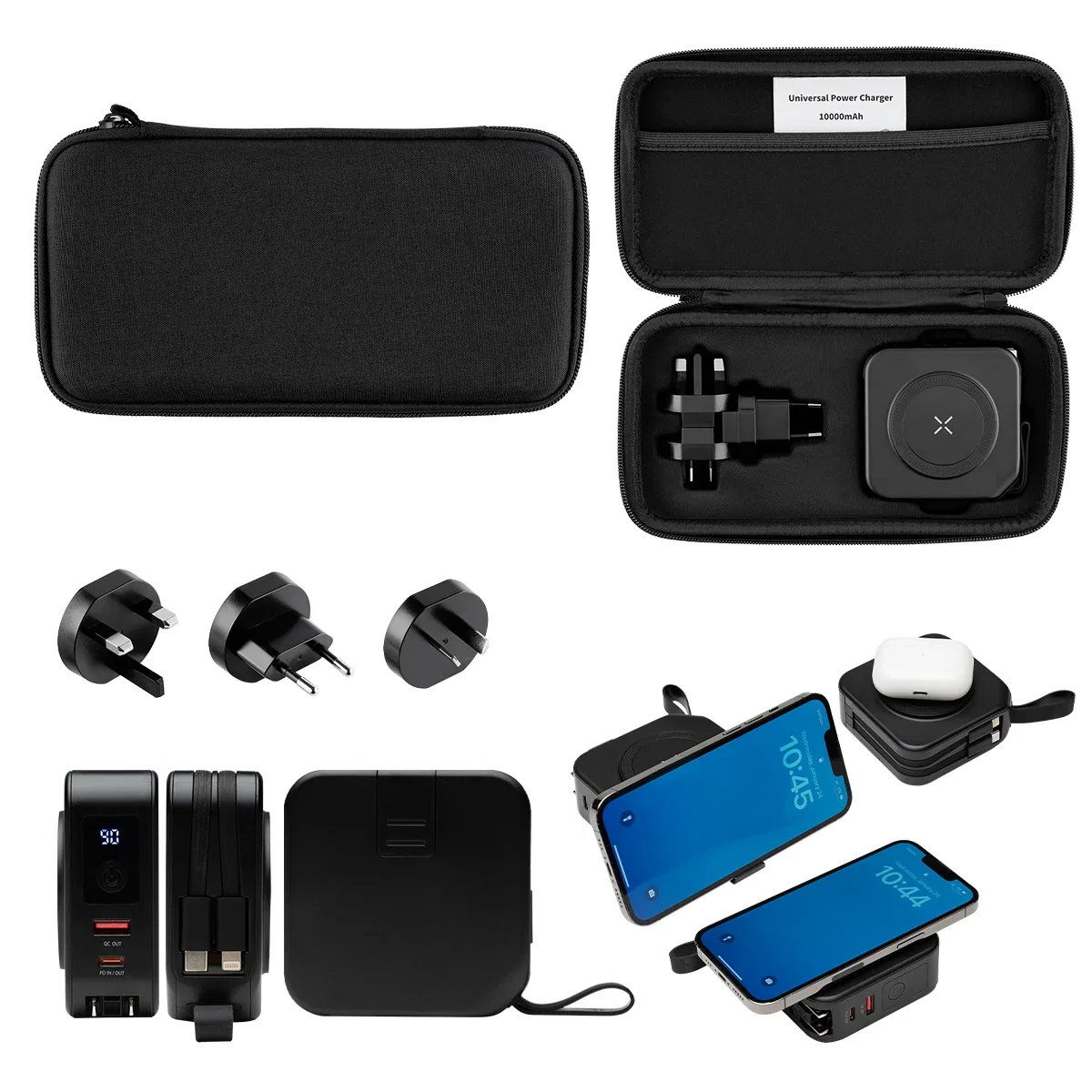 Travel case opened to show the contents arranged inside
