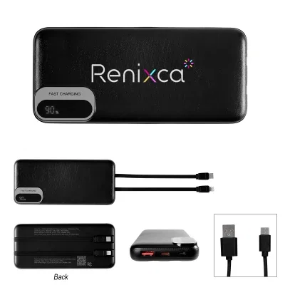 Ten thousand milliamp power bank with built-in charging cables