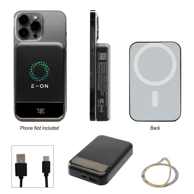 Black power bank rated at 10,000 mAh with wireless charging