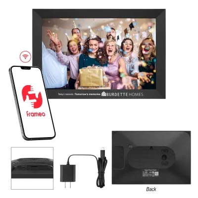 Black digital photo frame with a wide screen and desk stand