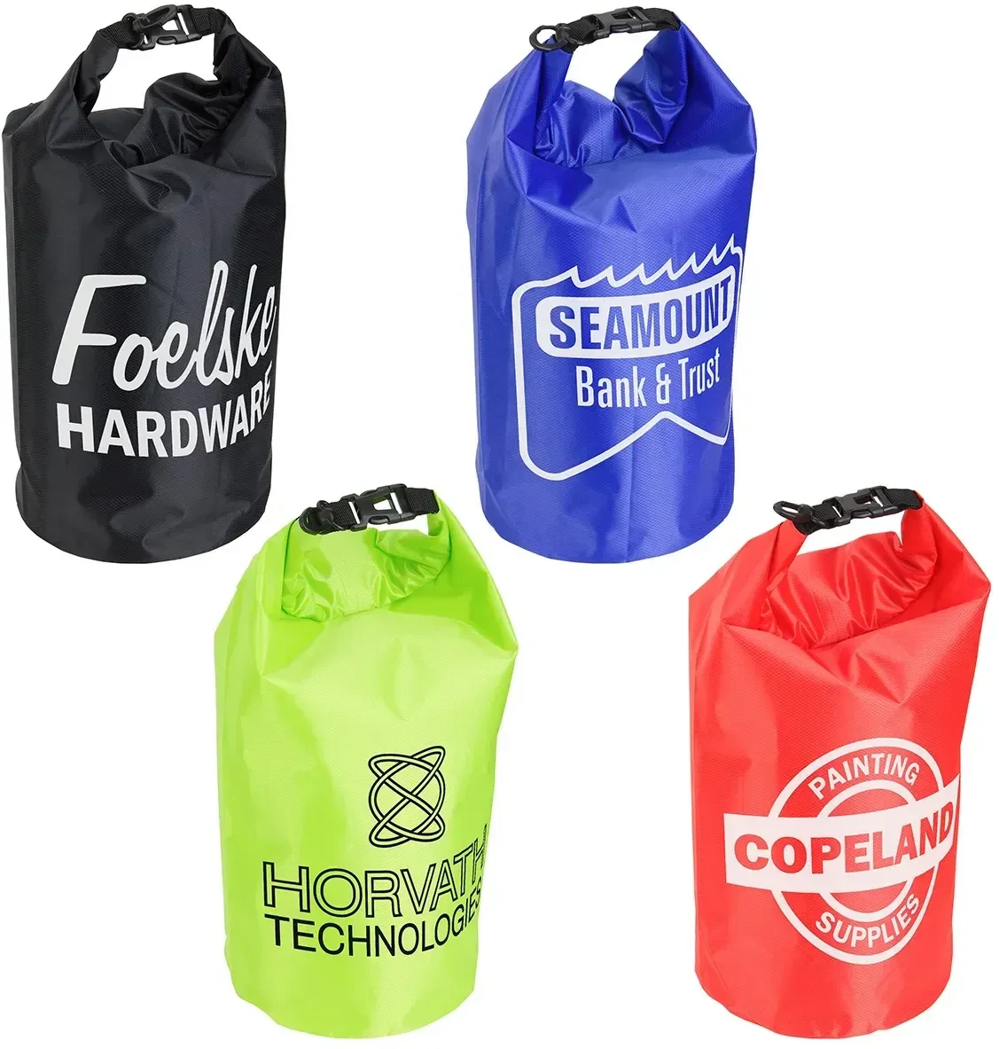 10-liter Carabiner Clip custom dry bag front view, branded gear bag for kayaking and hiking