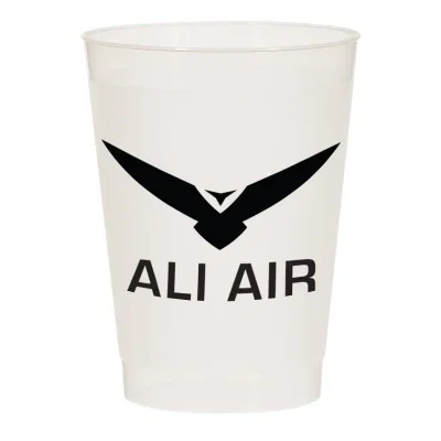 Frosted clear plastic cup standing on a white surface