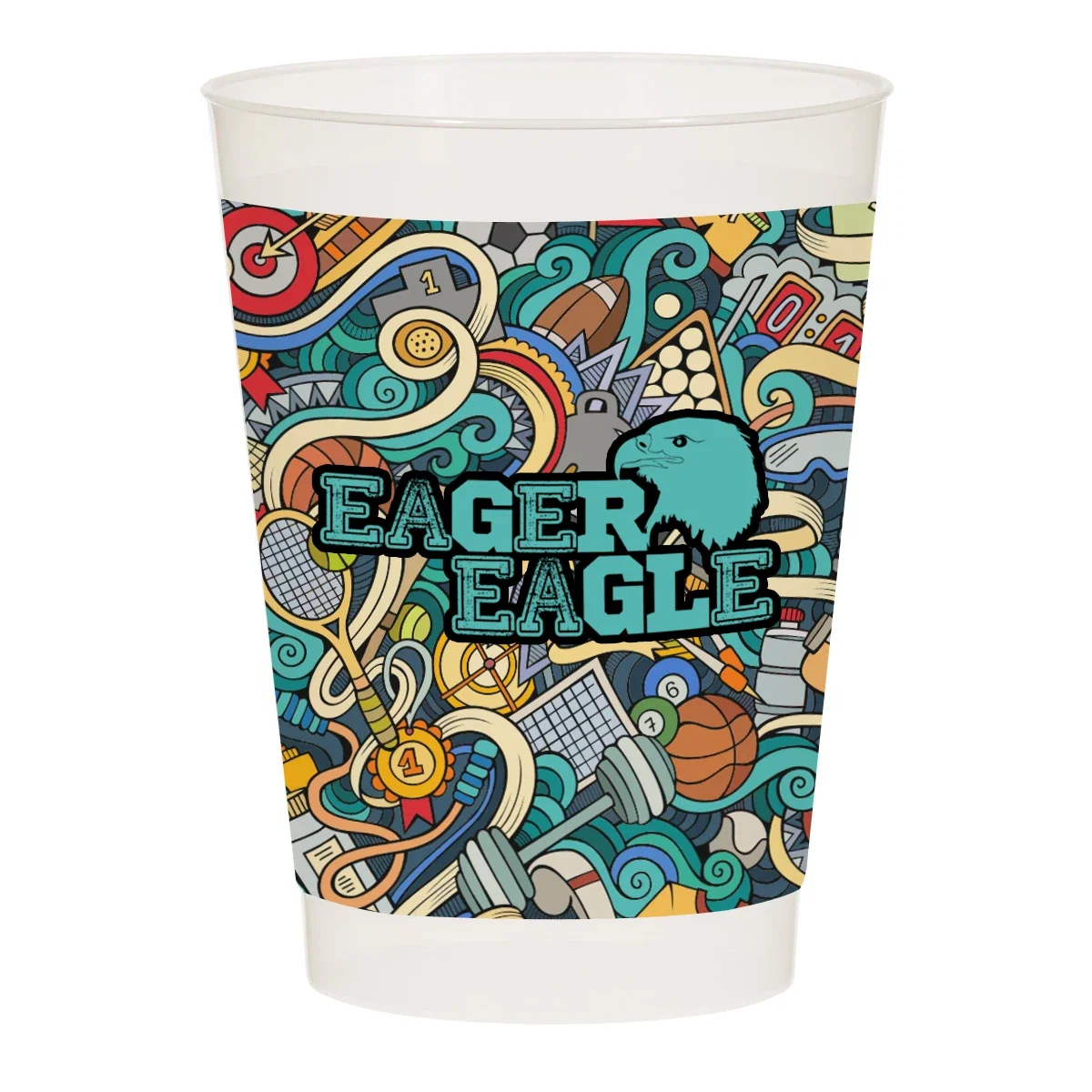Held in one hand at a tailgate, the reusable cup travels easily