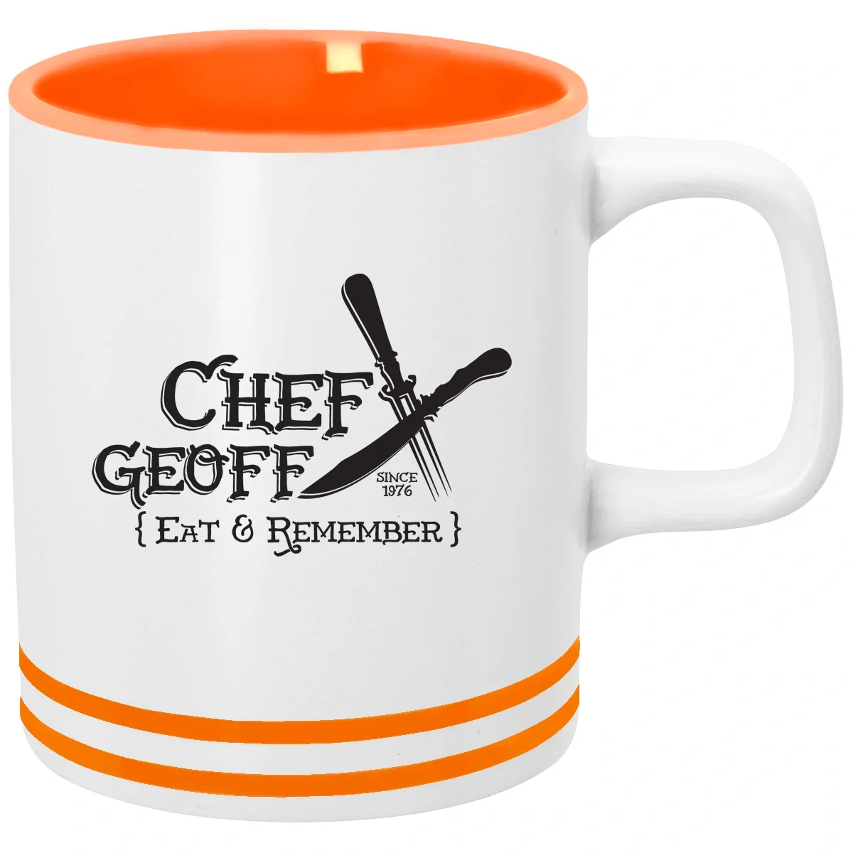 White cup with a black interior and matching handle