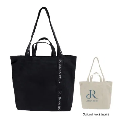 Black canvas tote built around a single continuous mono strap