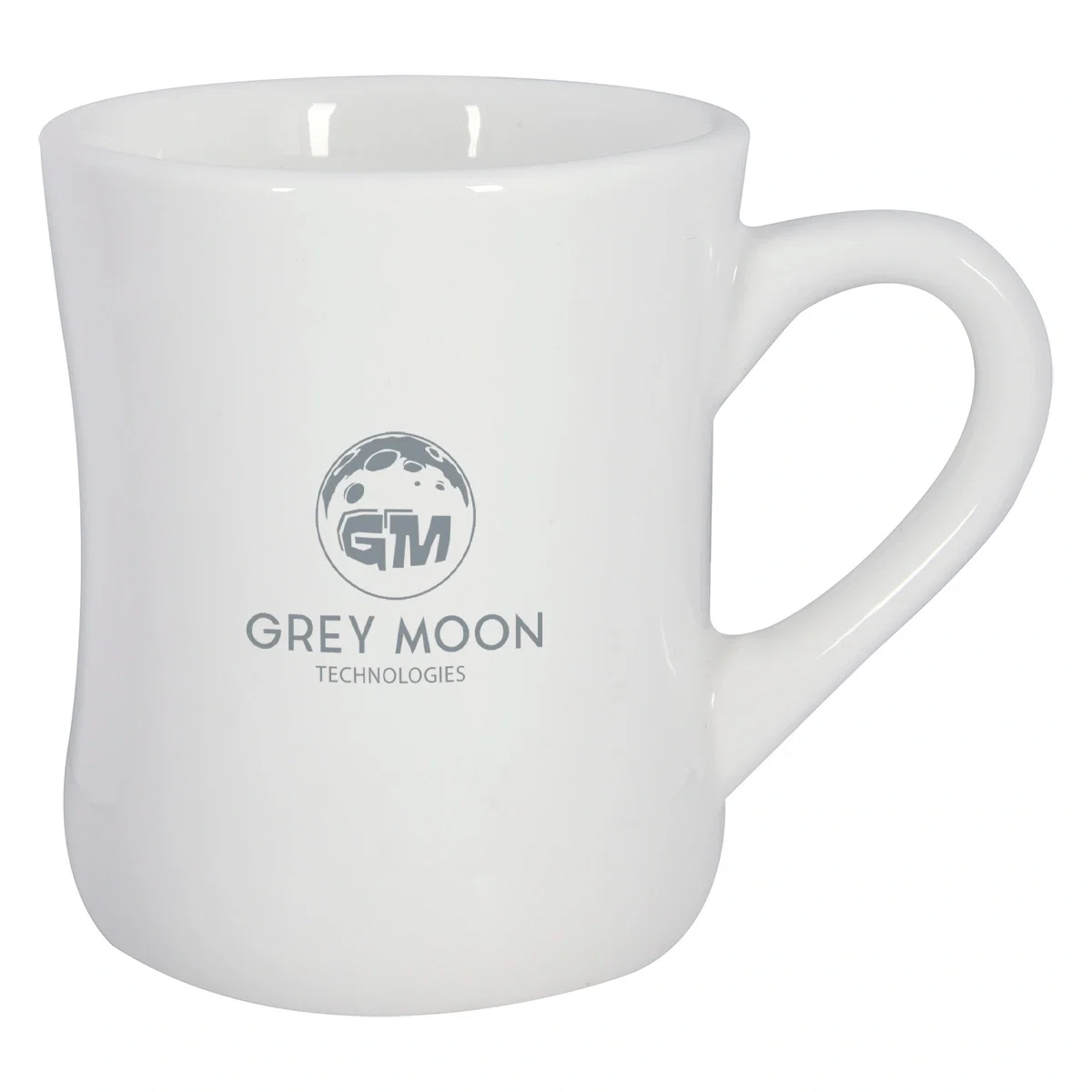Ten ounce white ceramic mug with a curved handle