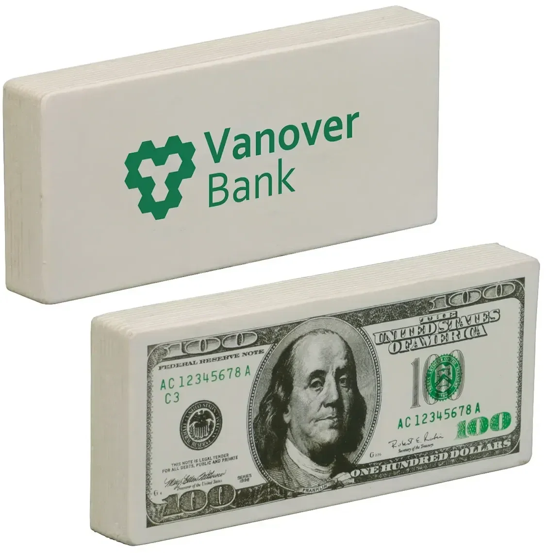 $100 Bill Stress Reliever, a branded hundred-dollar-bill squeeze toy for custom finance promotion giveaways